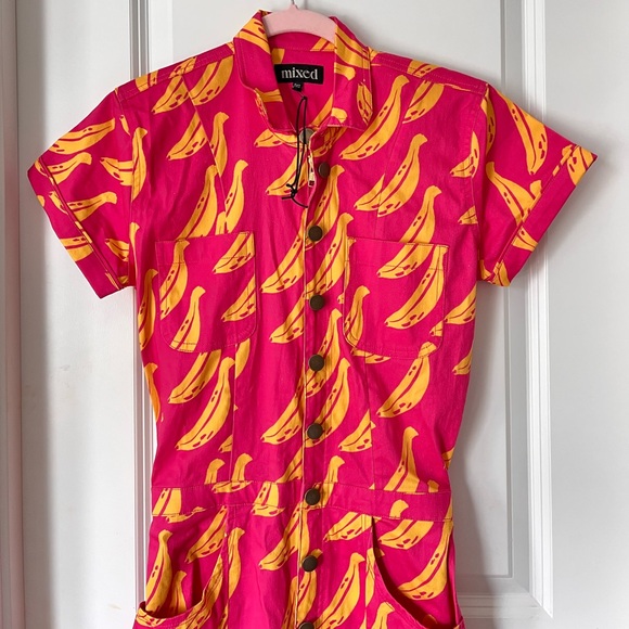 NWOT Mixed by Nasrin Pink Banana Print Jumpsuit Cotton Tall XS Tropical - Picture 4 of 8